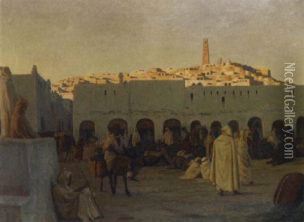 Oriental Market At Ghardaia Oil Painting - August Johannes le Gras