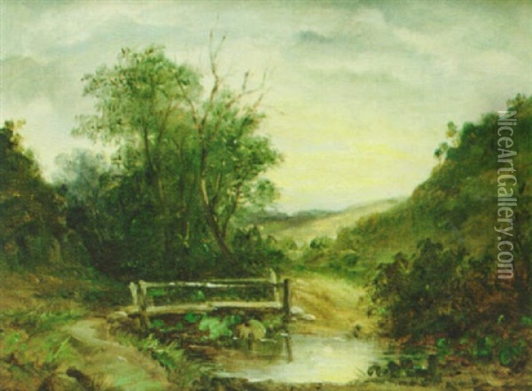 A Footbridge By A Pond Oil Painting - John Moore Of Ipswich