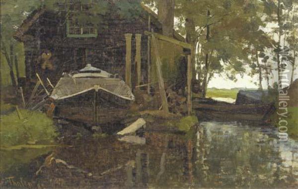 Werfje Van Schreurs, Giethoorn: A Wharf In Giethoorn Oil Painting - Willem Bastiaan Tholen