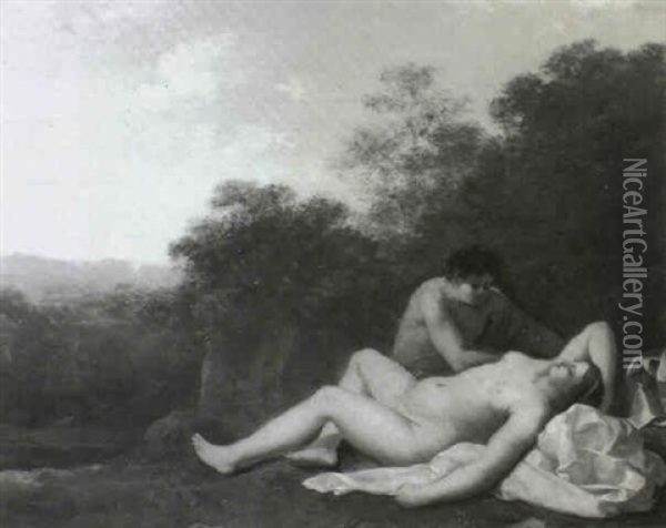 A Sleeping Nymph And A Satyr In An Italianate Landscape Oil Painting - Cornelis Van Poelenburgh