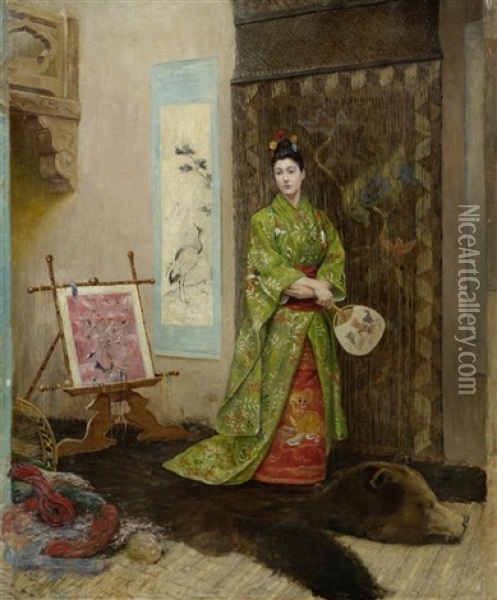 Interieur Mit Edler Dame In Japanischer Tracht Oil Painting - Auguste Blondel