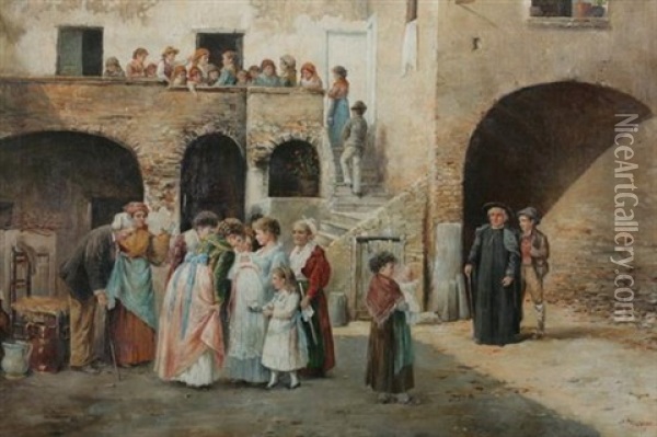 Christening In The Courtyard Oil Painting - Pasquale Ruggiero