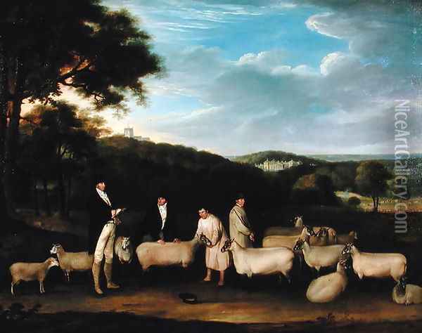 Portrait of Thomas William Coke, Esq. (1752-1842) inspecting some of his South Down sheep with Mr Walton and the Holkham shepherds Oil Painting - Thomas Weaver