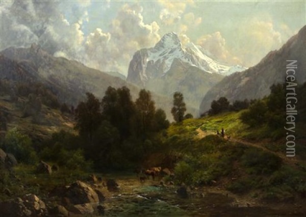 Mountainscape With Figures On A Path Oil Painting - Karl Millner