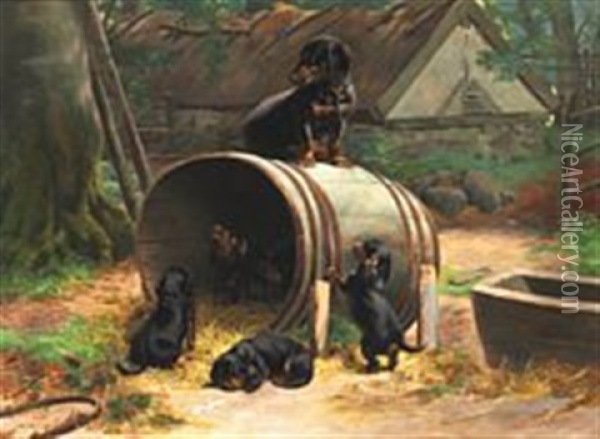 A Dachshund With Her Puppies Oil Painting - Simon Simonsen