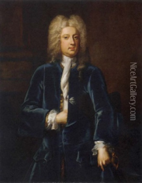 Portrait Of A Gentleman (admiral Vechell?) In A Blue Coat Oil Painting - Michael Dahl