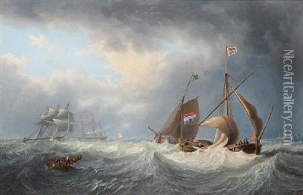Barges And Larger Vessels Off Vlissengen (flushing) In A Heavy Swell Oil Painting - John Wilson Carmichael