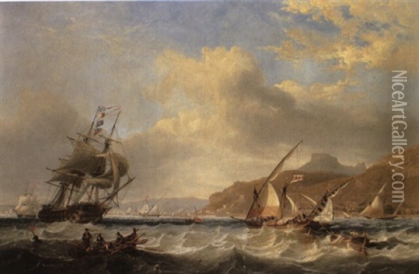 Man Of War And Other Shipping Off A Mediterranean Harbour Wall Oil Painting - John Wilson Carmichael