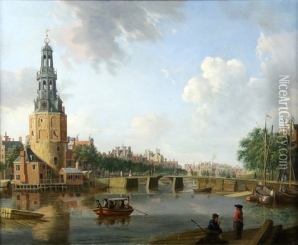 A View Of Amsterdam With The Oude Schans And The Montelbaanstoren On The Left Oil Painting - Jan Ekels the Elder