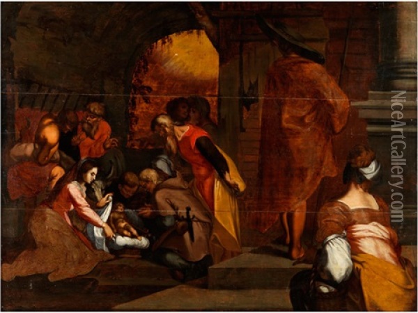 Die Heilige Familie Im Stall Von Betlehem Oil Painting - Abraham Bloemaert