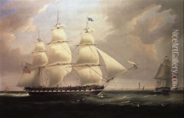 Ship In Two Positions Off A Lighthouse Oil Painting - William John Huggins