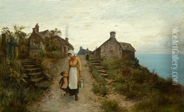 The Village On The Cliffs, Cornwall Oil Painting - Henry John Yeend King