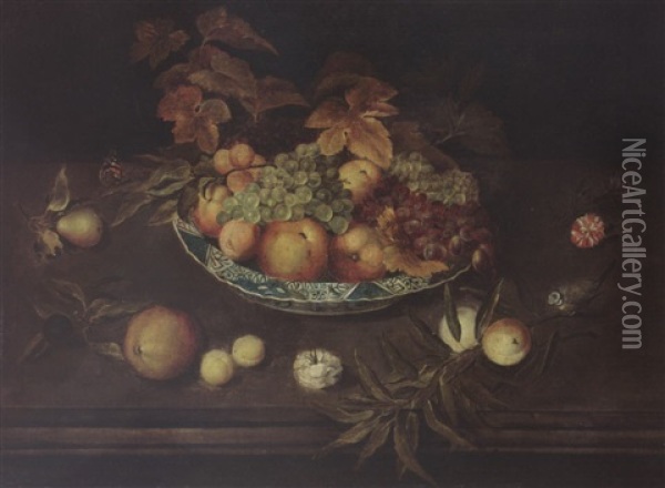 A Still Life With Grapes, Peaches, Apricots And Apples In A Wan-li Porcelain Bowl, Together With A Pear, A Prune, Peaches, Apricots, Carnations A Butterfly And A Blue Tit Oil Painting - Ambrosius Bosschaert the Younger