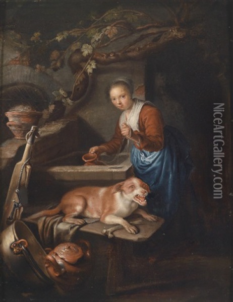 Eine Junge Frau Am Brunnen Mit Einem Hund Oil Painting - Gerrit Dou