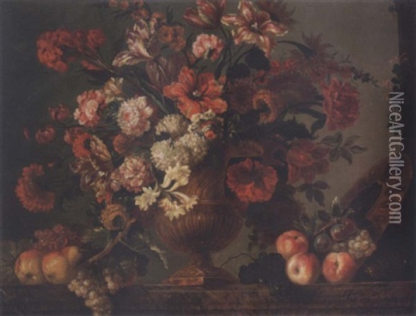 Still Life Of Flowers In An Urn With Fruit Resting On A Marble Ledge Oil Painting - Pierre Nicolas Huilliot