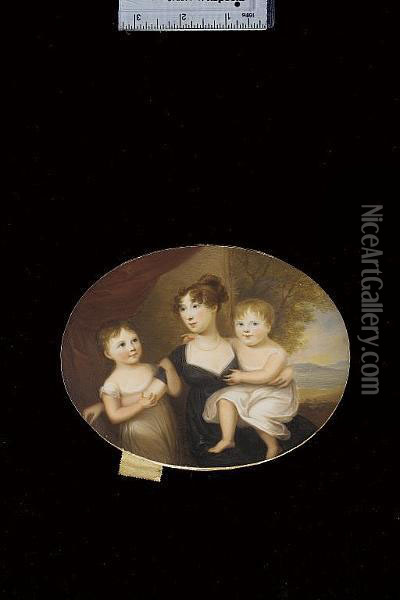 Mrs Pringle (nee Halkett), 
Wearing Black Dress With White Underslip And Pearl Necklace; With Her 
Daughters Mary And Charlotte Both Wearing White Dresses, Red Curtain And
 Landscape Background Oil Painting - James Leakey