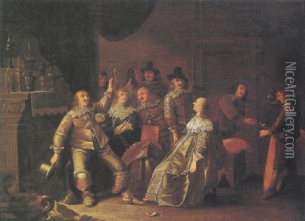 Interior With Cavaliers And Ladies Drinking Oil Painting - Anthonie Palamedesz