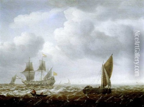 Vaisseau De Guerre Sur Une Mer Agitee Oil Painting - Willem van Diest