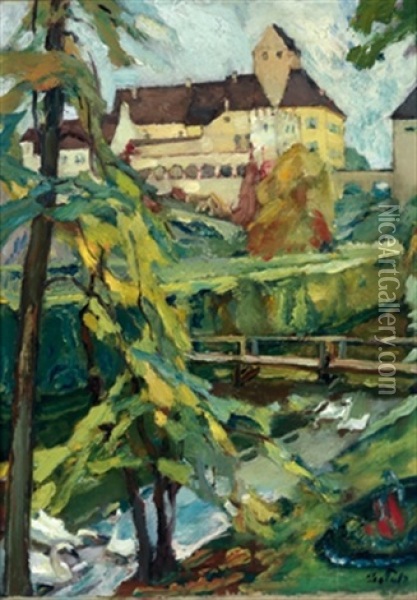 Schlos Seefeld, Im Vordergrund Bach Mit Schwanen Oil Painting - Leo Putz