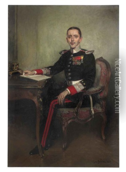 Portrait Of A Gentleman, Full-length, Seated, In Uniform Before A Bureau Plat Oil Painting - Leon Garland