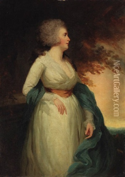 Portrait Of A Lady In A White Dress And A Blue Shawl, In A Landscape Oil Painting - Sir Henry Raeburn