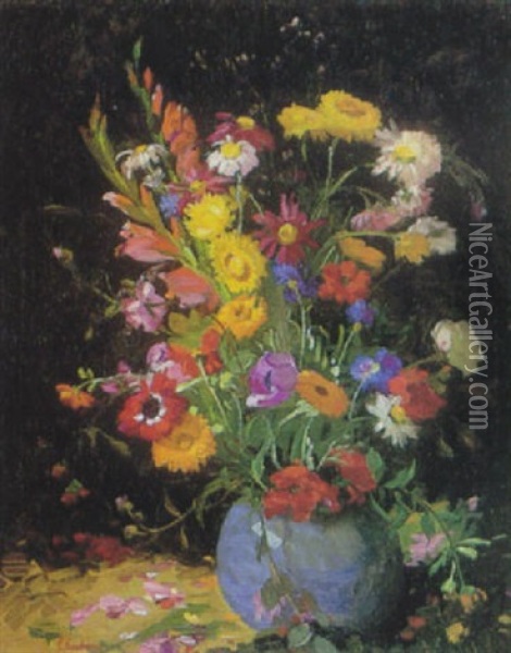 Floral Still Life In A Blue Vase Oil Painting - Ferdinand Kaufmann