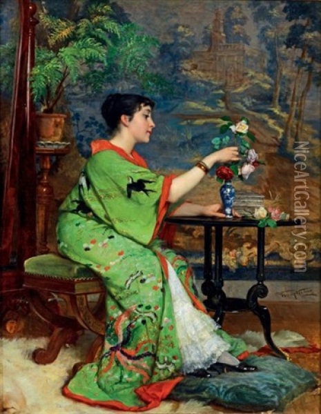 Jeune Femme En Kimono Dans Un Interieur Oil Painting - Frans Verhas