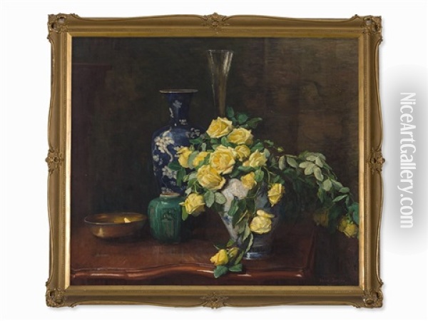 Vase With Yellow Roses Oil Painting - Helen Iversen