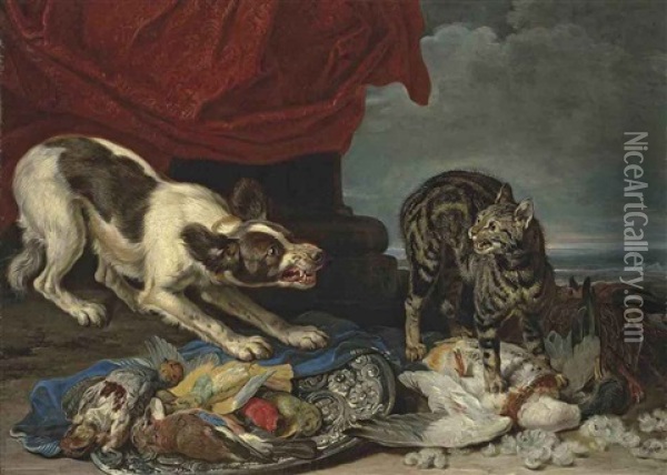 A Cat And A Dog Fighting Over Fowl, A Column With Draped Curtain And Coastal Landscape Beyond Oil Painting - David de Coninck
