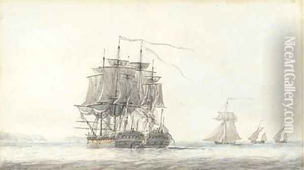 The action between H.M.S. Flora (36 guns) and the French frigate Nymphe (36 guns) off Ushant on 10th August, 1780 Oil Painting - Dominic Serres