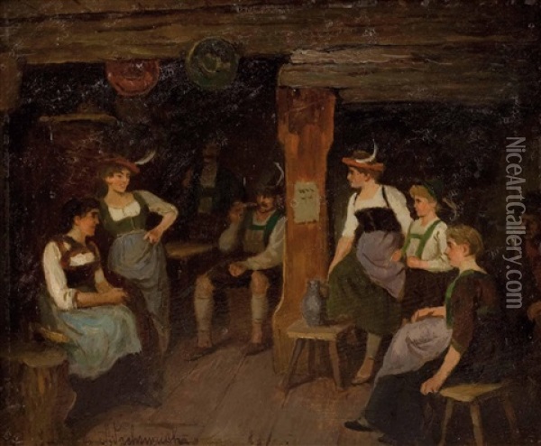 Unterhaltung In Der Almstube (study) Oil Painting - Maximilian Wachsmuth