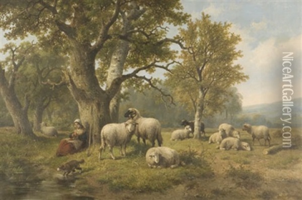 Shepardess With Her Flock Oil Painting - Charles Emile Jacque