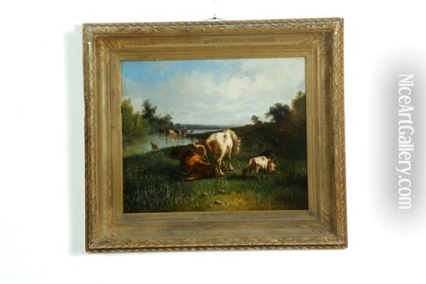 Landscape With Horses Oil Painting - Andres Cortes y Aguilar