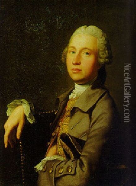 Portrait Of A Gentleman (mr. Erskine?) Wearing A Gold Brocade Waistcoat Oil Painting - Thomas Hudson