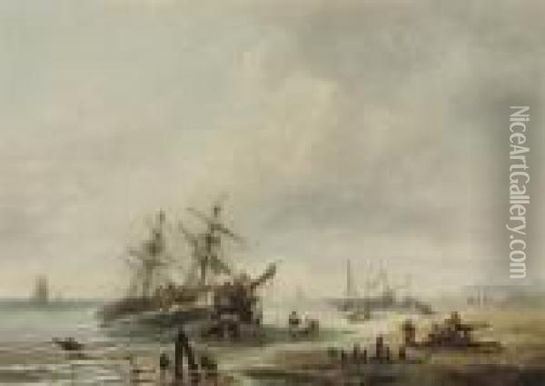 Unloading At Low Tide Oil Painting - Francois Etienne Musin