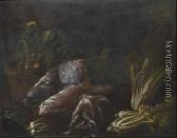 Natura Morta Con Pesci, Ortaggi E Cesta Di Vimini Oil Painting - Giuseppe Recco