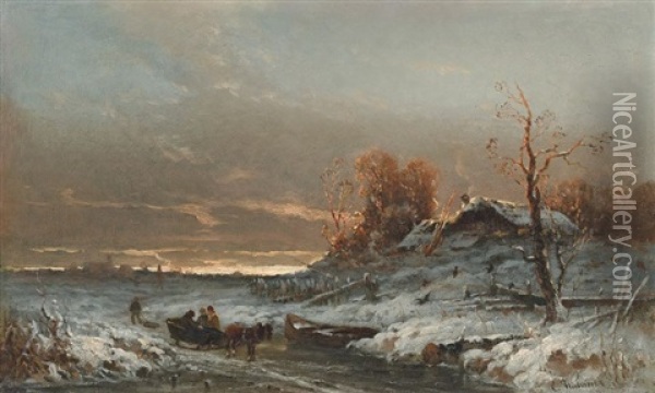 Winterlandschaft Mit Bauernhaus Und Pferdeschlitten Oil Painting - Konrad Wimmer