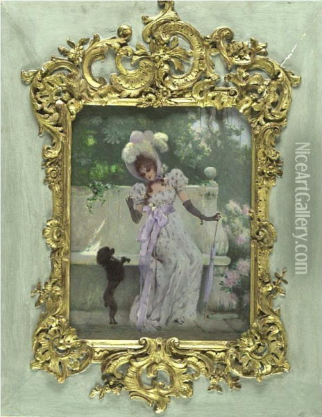 Elegant Ladies With Their Dogs: A Pair Oil Painting - Albert Matignon