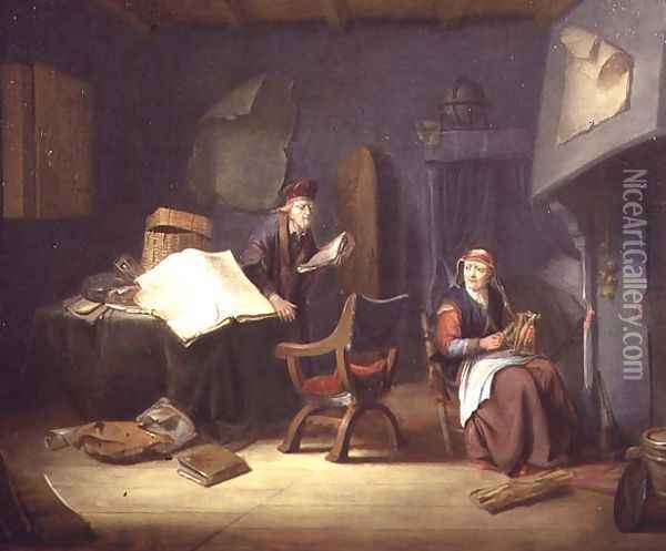 Interior with a scholar and an old lady spinning Oil Painting - Jacob van Spreeuwen