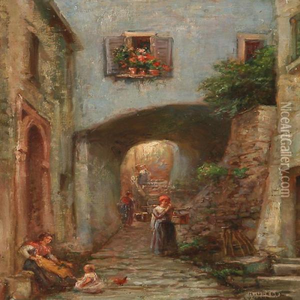 Street Scenery From Lugano, Italy Oil Painting - Max Usadel