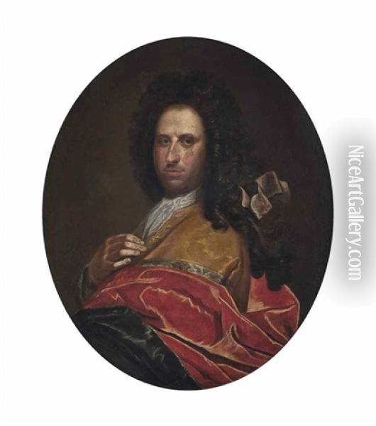 Portrait Of A Gentleman, Half-length, In An Ochre And Red Wrap Oil Painting - Giovanni Maria Delle Piane