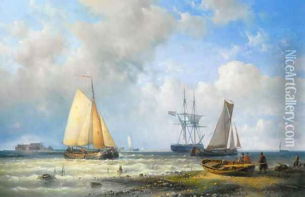 Dutch Barges in a Calm Oil Painting - Abraham Hulk Snr