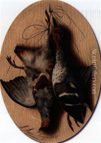 Trompe L'oeil Mit Zwei Vogeln Oil Painting - Michelangelo Meucci
