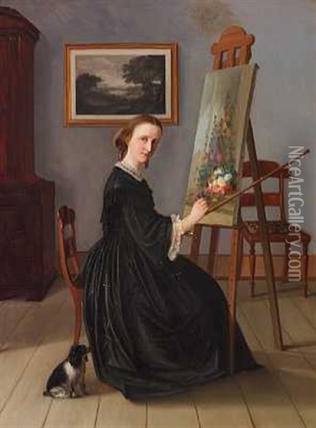 Portraet Af En Kvindelig Blomstermaler (hanne Hellesen?) Oil Painting - Emilius Baerentzen