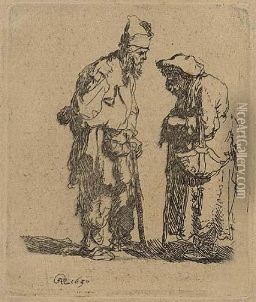 Beggar Man And Beggar Woman Conversing Oil Painting - Rembrandt Van Rijn