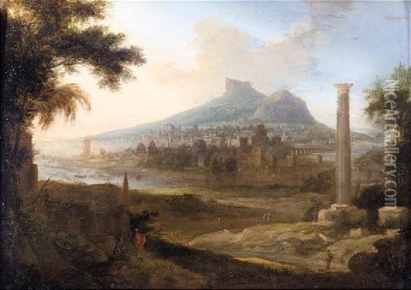 Extensive Classical Landscape, With Figures In The Foreground And A Port Beyond Oil Painting - Pierre Antoine Patel