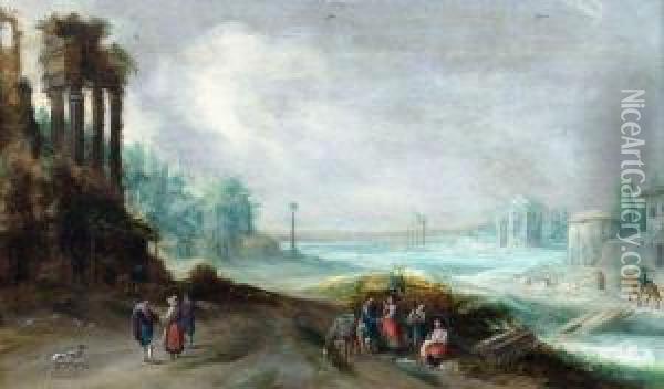 Weite Landschaft Mit Romischen Ruinen Und Figurenstaffage Oil Painting - Johannes Tilens