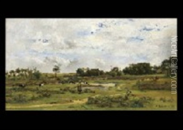 Cattle Grazing In A Pasture Oil Painting - Pierre Emmanuel Eugene Damoye