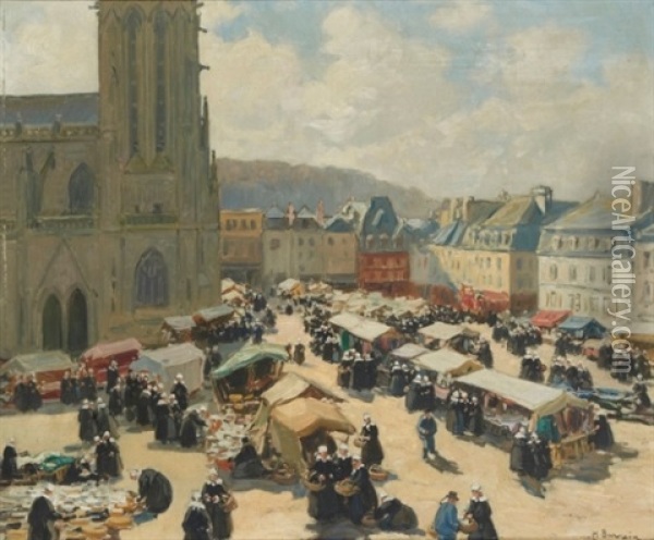 Place Du Marche A Concarneau Oil Painting - Henri Alphonse Barnoin