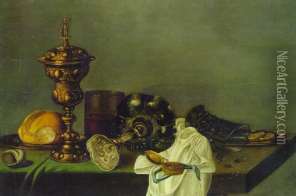 A Silver-gilt Cup And Cover, A Shell, Bread On A Plate, A Glass, An Upturned Tazza, A Watch, Slices Of Lemon On A Plate Oil Painting - Willem Claesz Heda